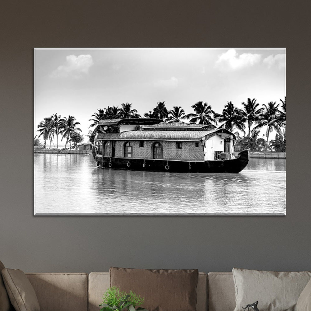 Backwater Bliss - Houseboat - Acrylic Wall Art - B&W