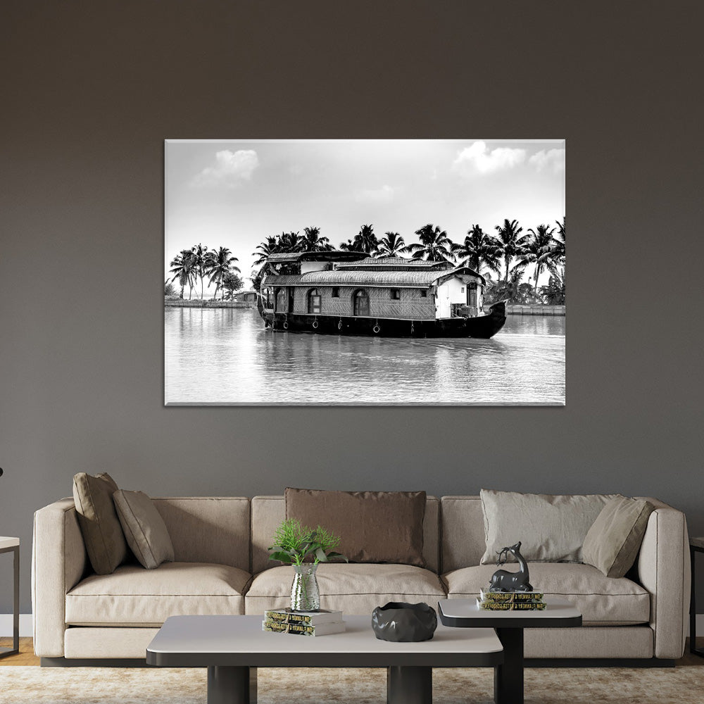 Backwater Bliss - Houseboat - Acrylic Wall Art - B&W